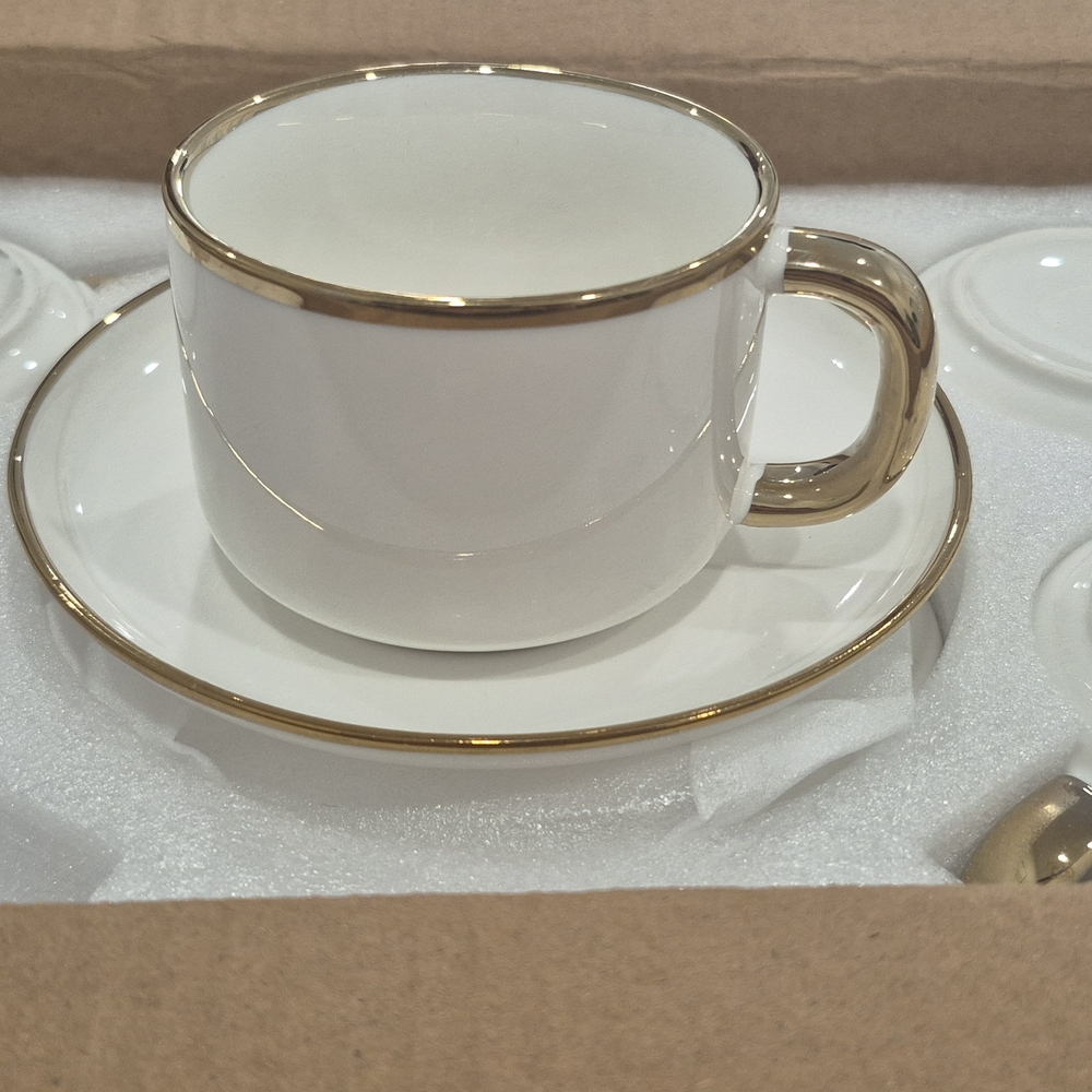 Elegant White Porcelain Teacup and Saucer Set with Gold Trim - Home Dining - Picture 8 of 8